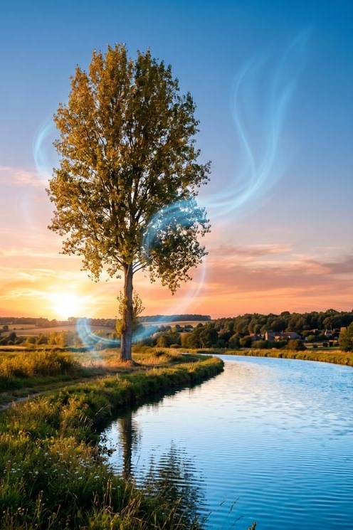 peuplier pr&egrave;s d'un canal, lumi&egrave;re du coucher du soleil, c'est une source renouvelable et b&eacute;n&eacute;fique pour l'environnement