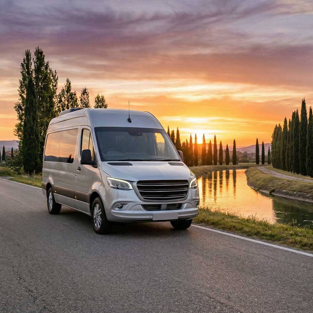 veicolo commerciale che viaggia su strada di campagna vicino a un canale