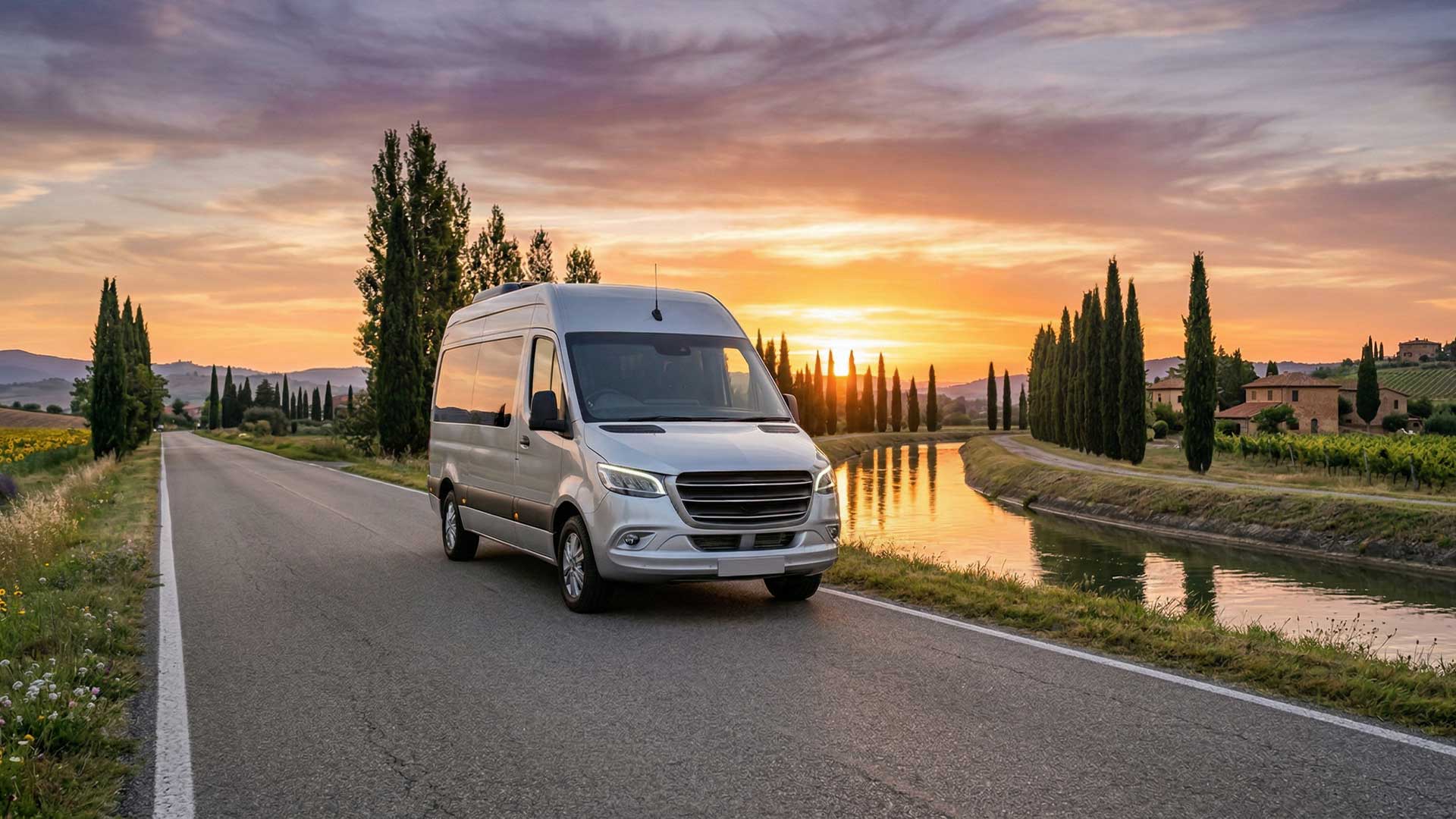 véhicule utilitaire circulant sur une route de campagne près d'un canal